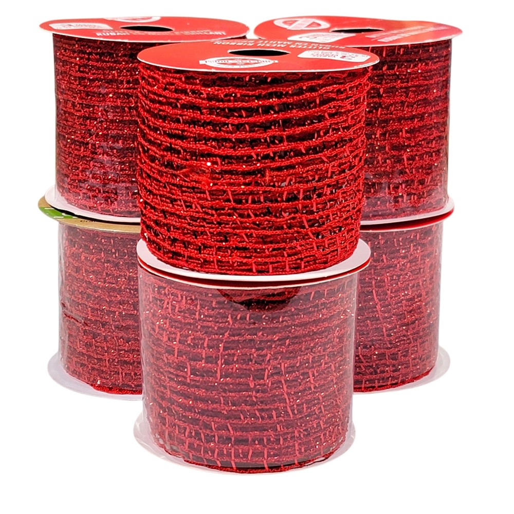 Red Glitter Mesh Ribbon 2.5" x 3 Yds Lot of 6 Patriotic Wreath Making Crafts‎